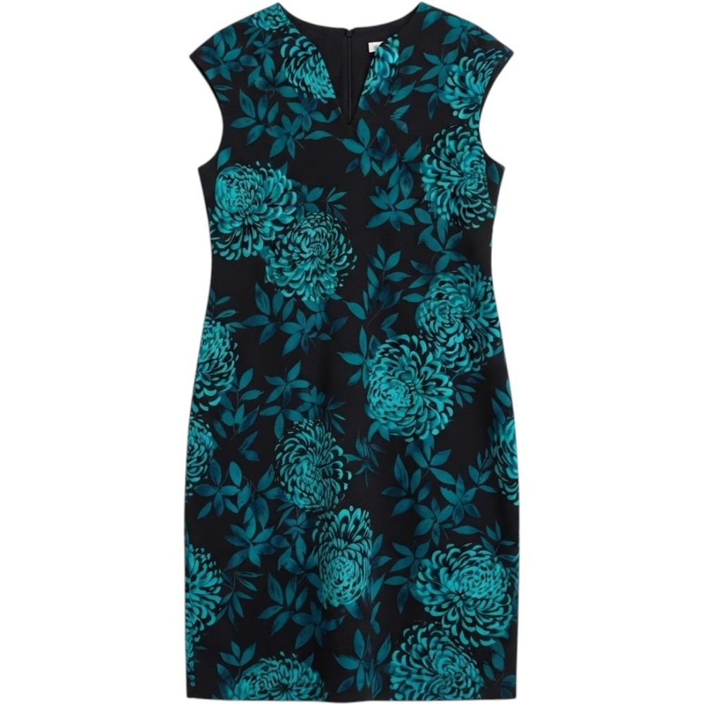 NorthStyle Sheath Dress Womens 14 Black Teal Floral V-Neck Cap Sleeve Excellent